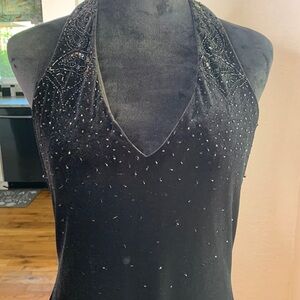 Vintage Y2K ONYX Nite Black Velvet Halter Maxi Dress Beaded Bling Evening Glam